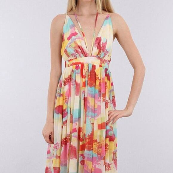 Miss Avenue Pastel Multicolor Deep-V Spaghetti Cross Back Maxi Dress Size Small - Picture 1 of 11